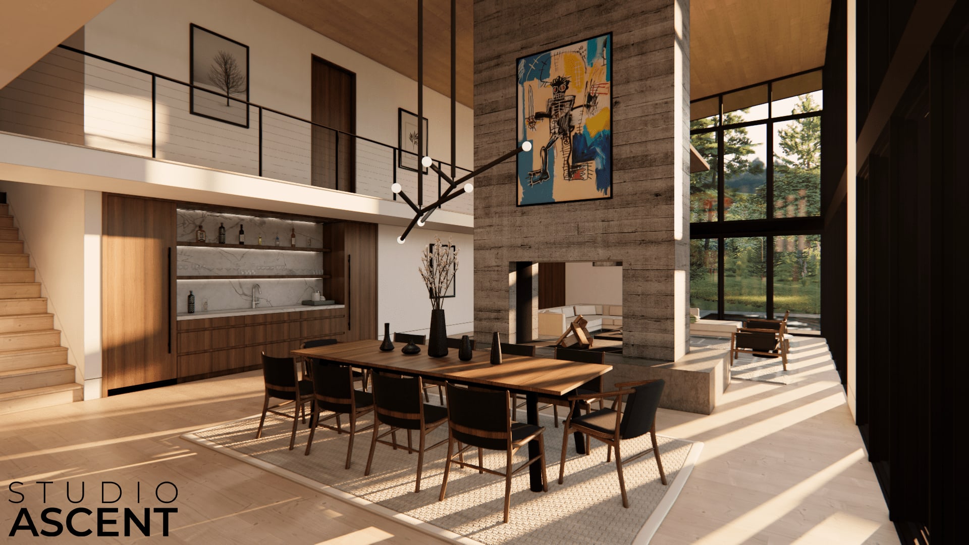 A modern interior featuring a dining area with a large table, stylish chairs, and a sleek kitchen. Large windows provide natural light.