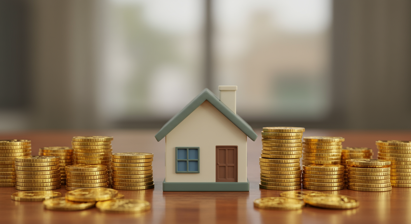 A small model house surrounded by stacks of gold coins on a wooden surface, symbolizing real estate investment.
