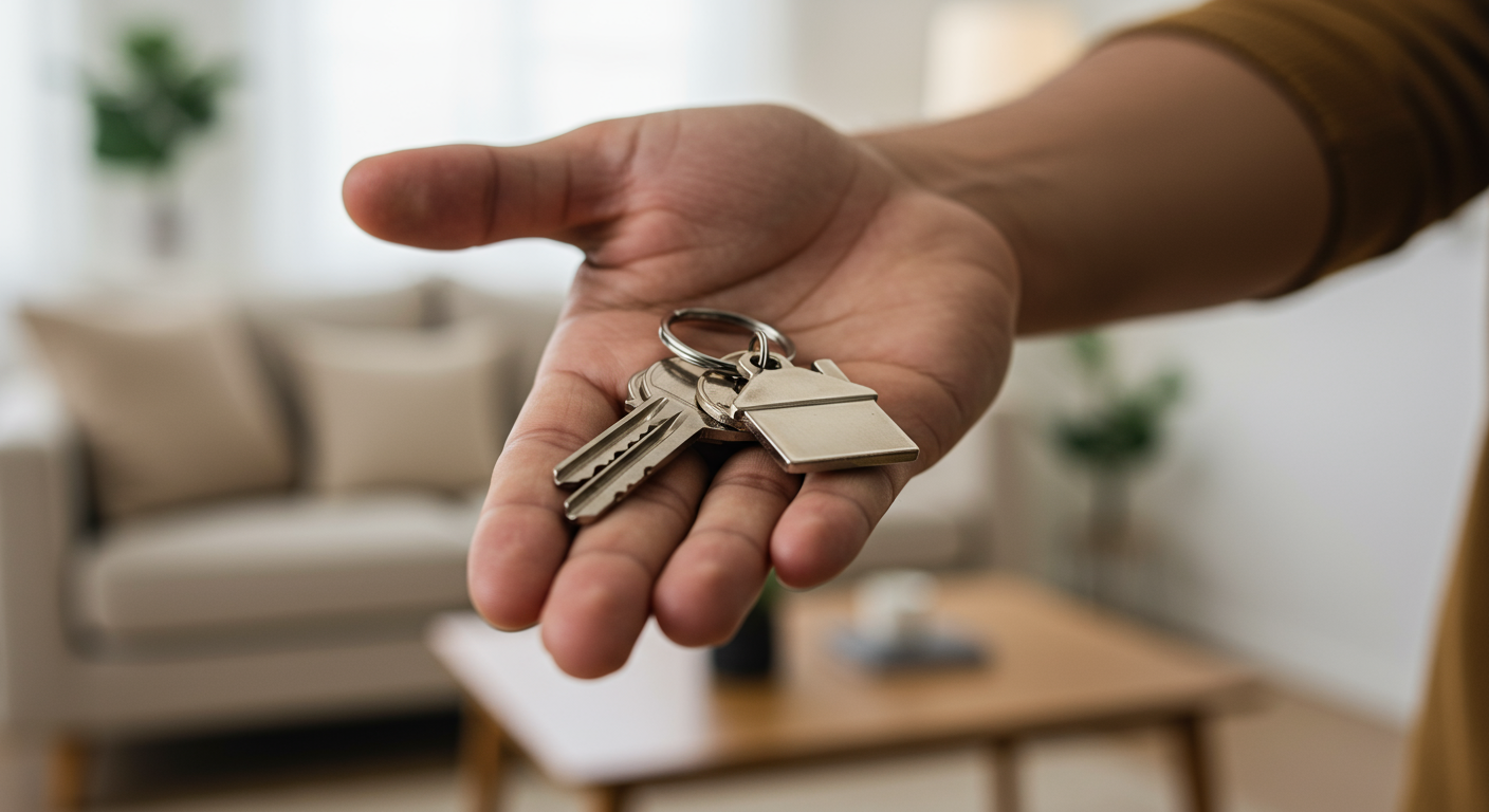 A hand holds a set of keys, including a house-shaped keychain, with a cozy living room in the background.