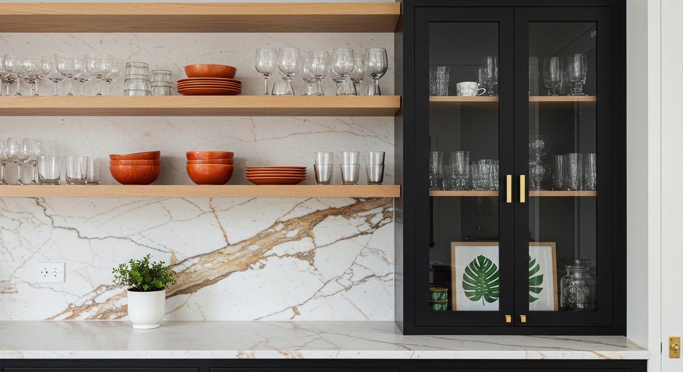 A modern kitchen display featuring glassware, wooden bowls, and decorative plants against a marble backdrop.