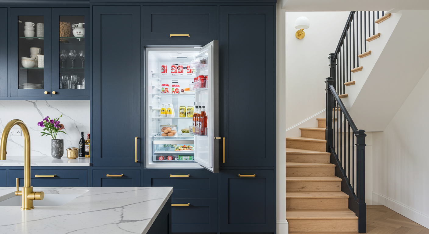 A modern kitchen with navy cabinets, a marble countertop, and an open refrigerator. Stairs with wooden steps are visible in the background.