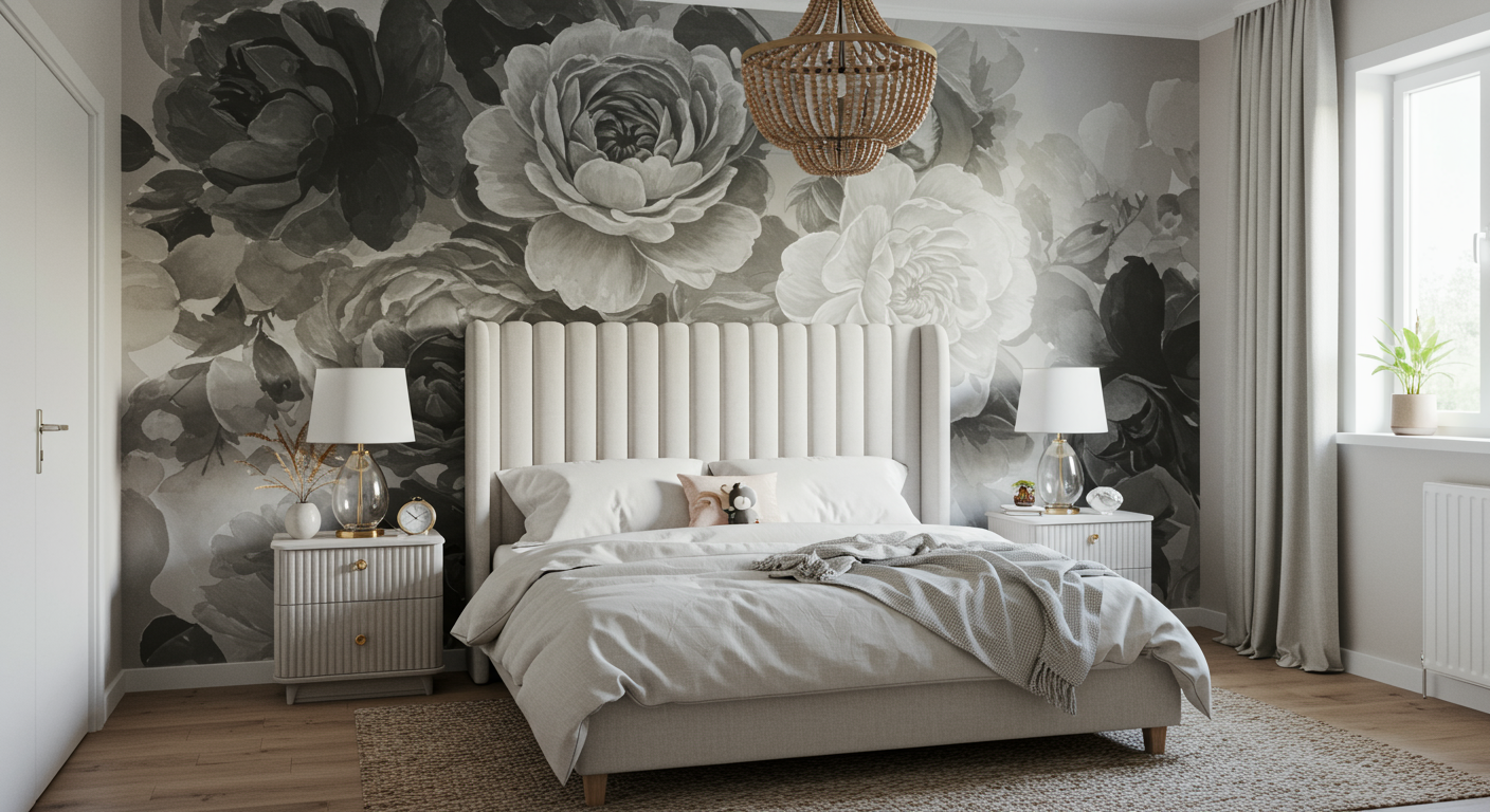 A stylish bedroom featuring a tufted bed, floral wallpaper, bedside tables with lamps, and a cozy rug. Natural light streams in through a window.