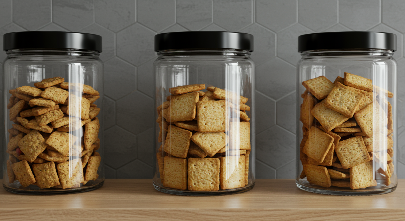 Three glass jars filled with square crackers, placed on a wooden surface against a hexagonal tiled background.
