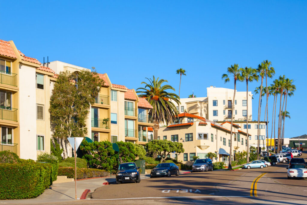 Photo of waterfront homes and apartments in La Jolla, San Diego, California, USA.
