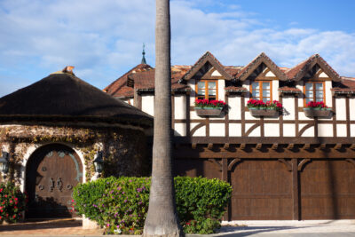 La Jolla, CA: A luxurious gabled home in central La Jolla built in a timbered Alsatian style.