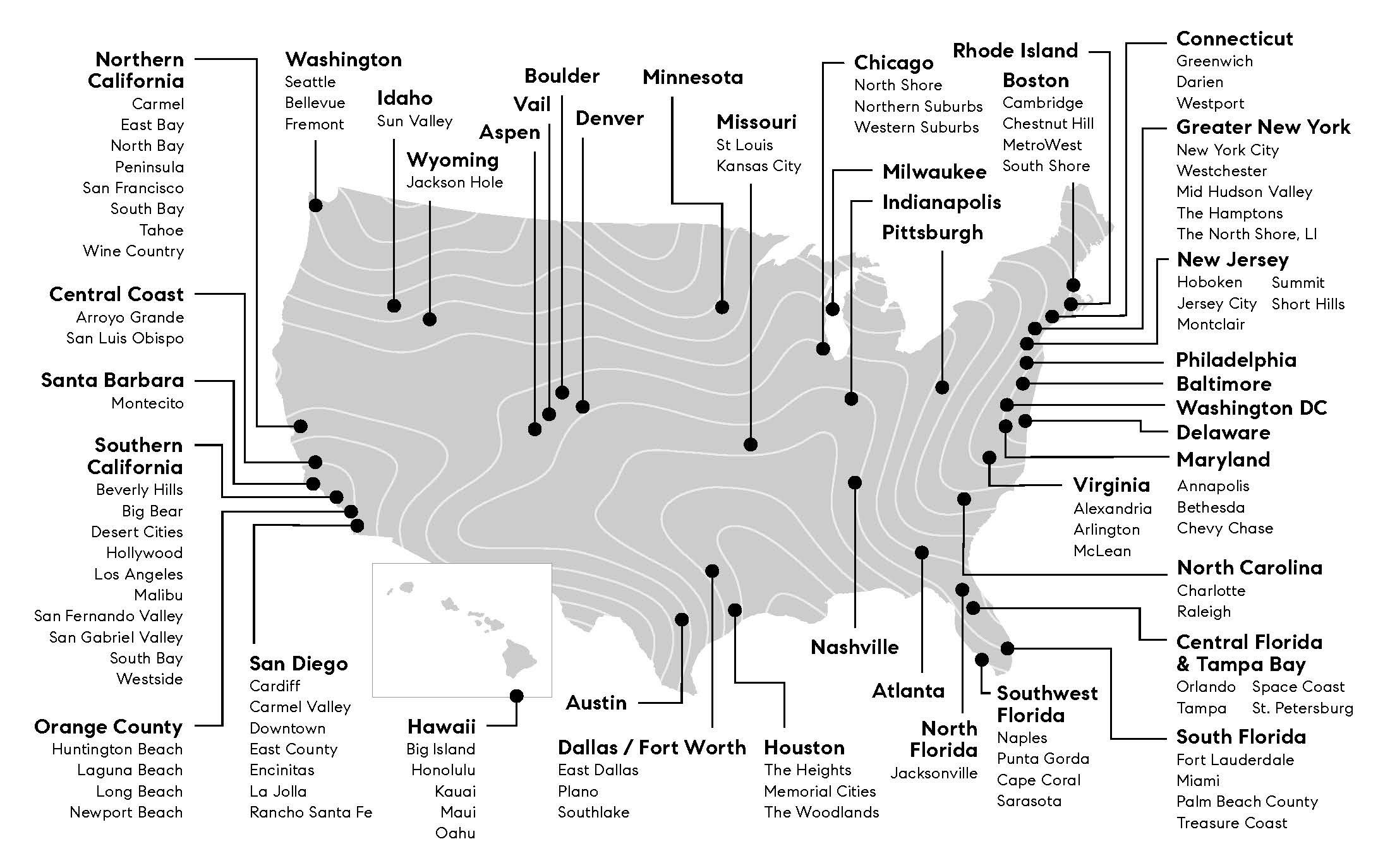 Map-style image representing nationwide luxury relocation services across the United States