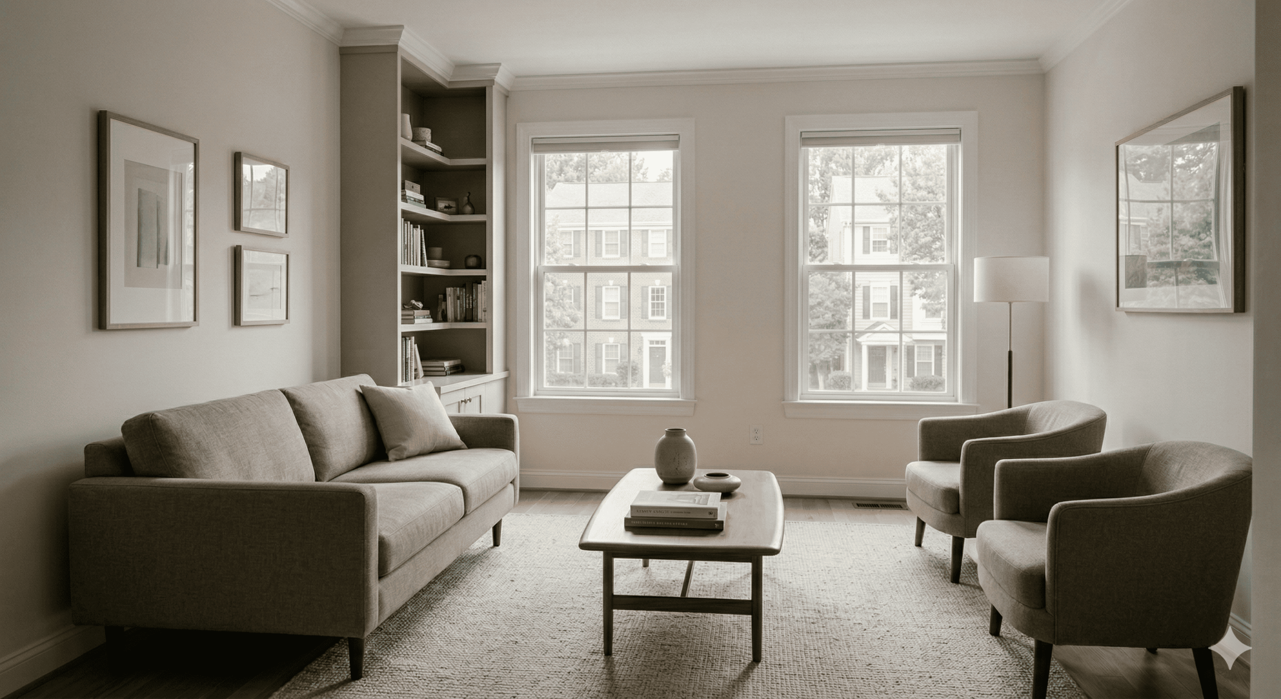 Modest living room in DC metro condo reflecting adjusted home budget after divorce