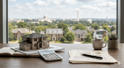 Minimal financial planning desk with house model and documents representing combining households in Washington DC Maryland and Virginia
