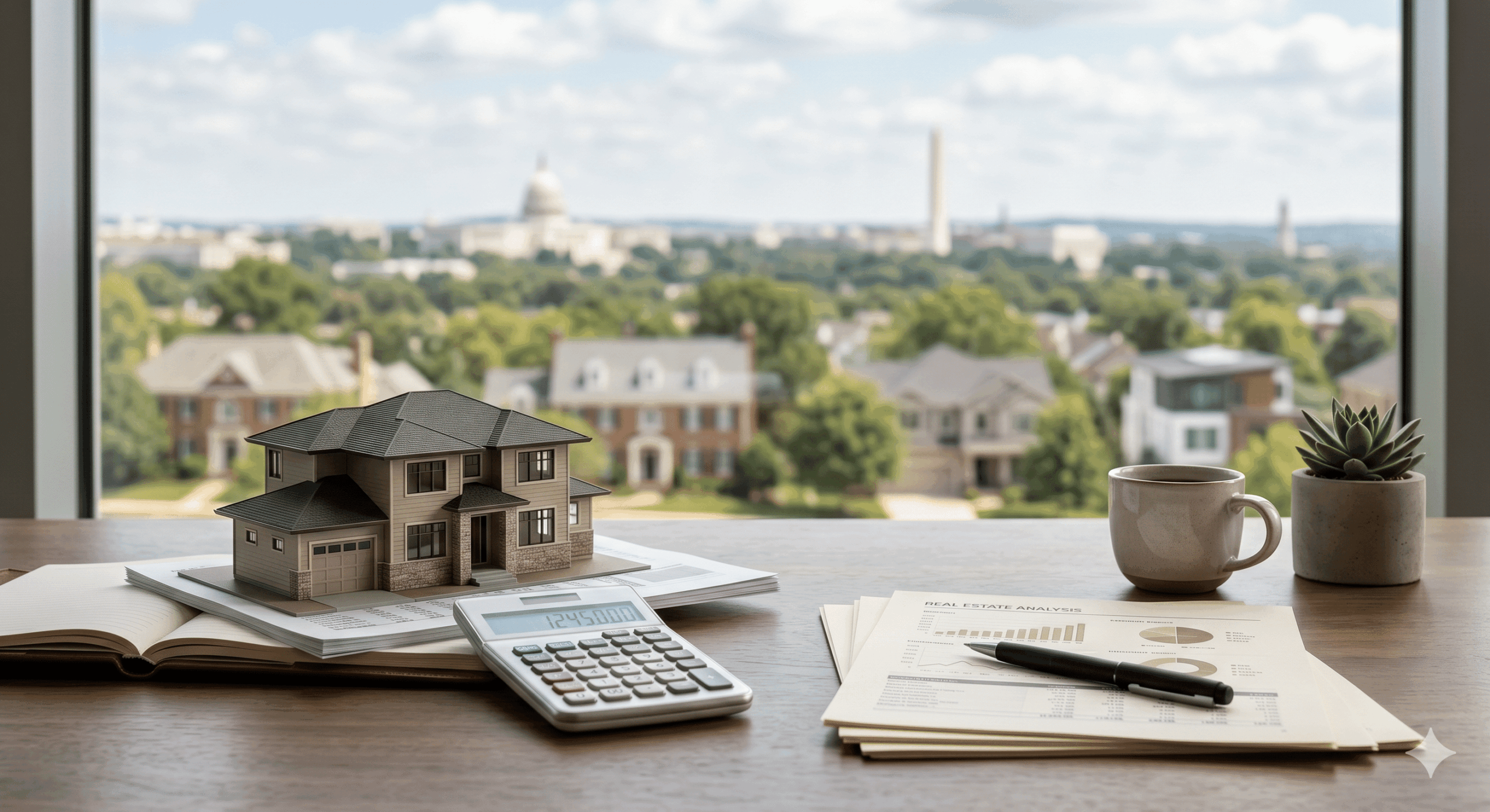 Minimal financial planning desk with house model and documents representing combining households in Washington DC Maryland and Virginia