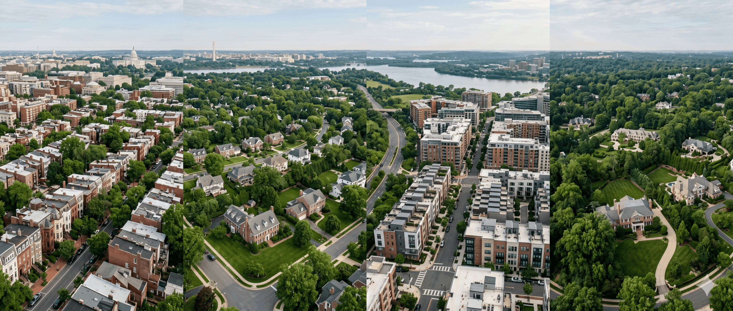 Rowhomes townhouses and suburban homes representing Washington DC Bethesda Arlington and McLean neighborhoods