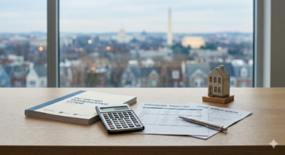 Minimalist workspace with financial documents, calculator, and house model with Washington DC skyline in background