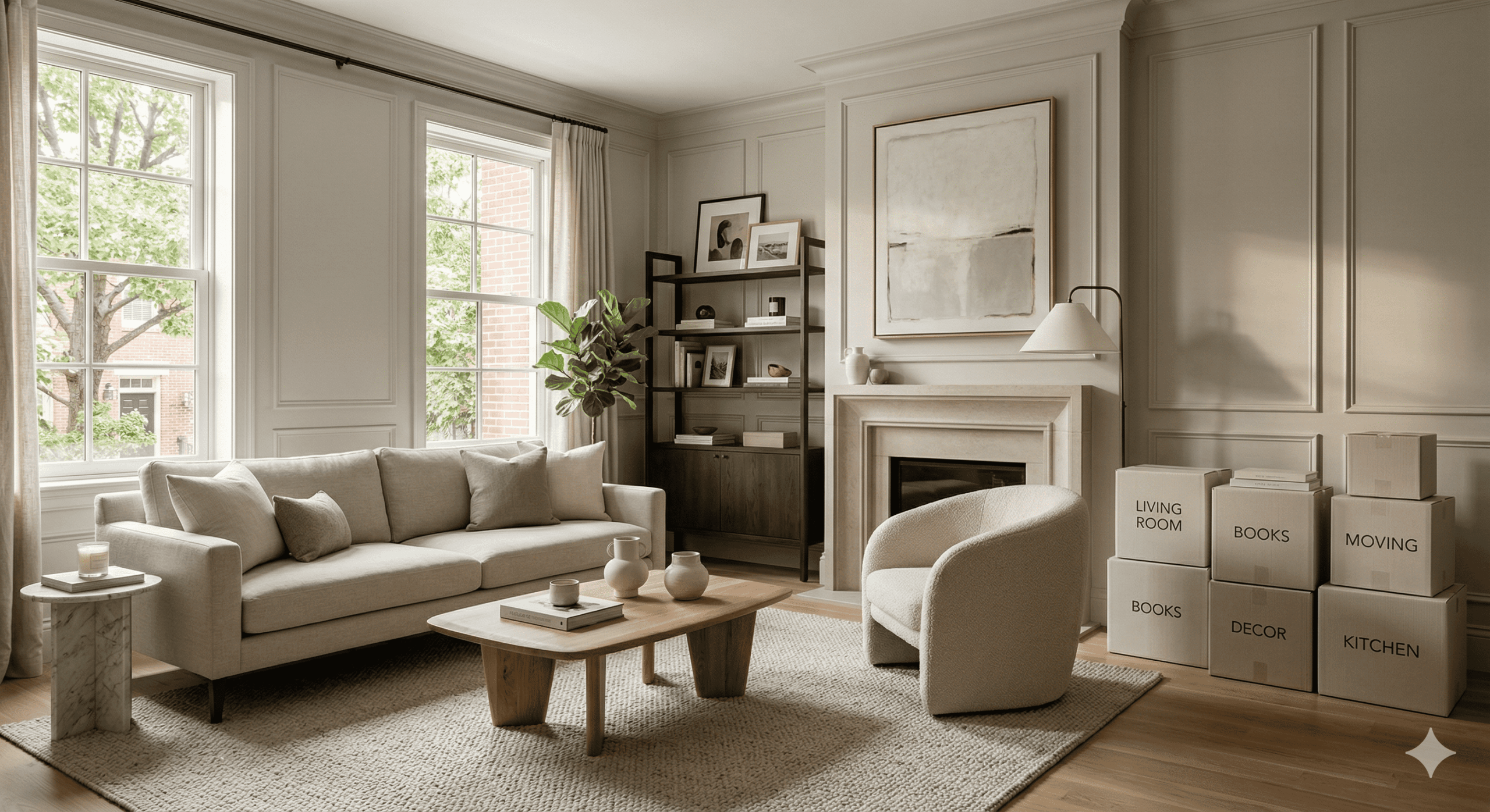Organized modern living room in a DC metro home with neatly arranged moving boxes symbolizing coordinated home transition