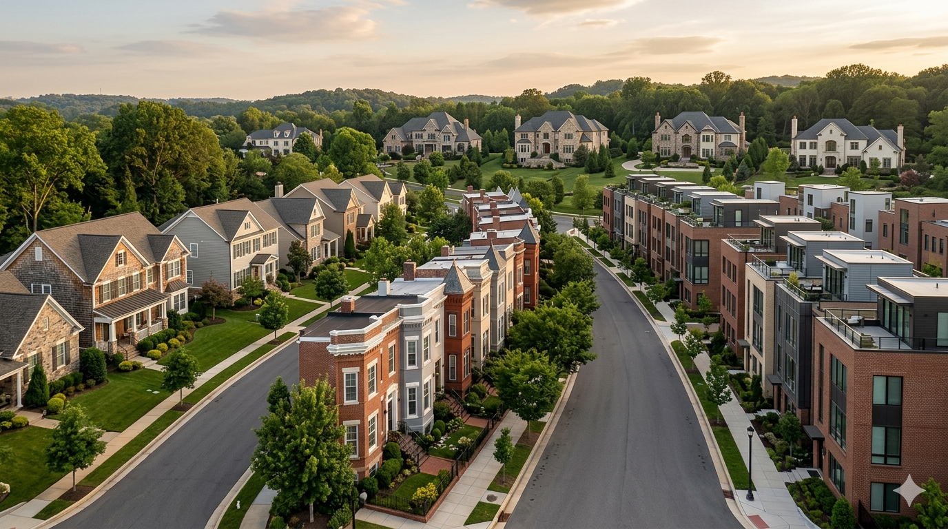 Row of suburban and urban homes representing Washington DC, Bethesda, Arlington, and McLean housing markets