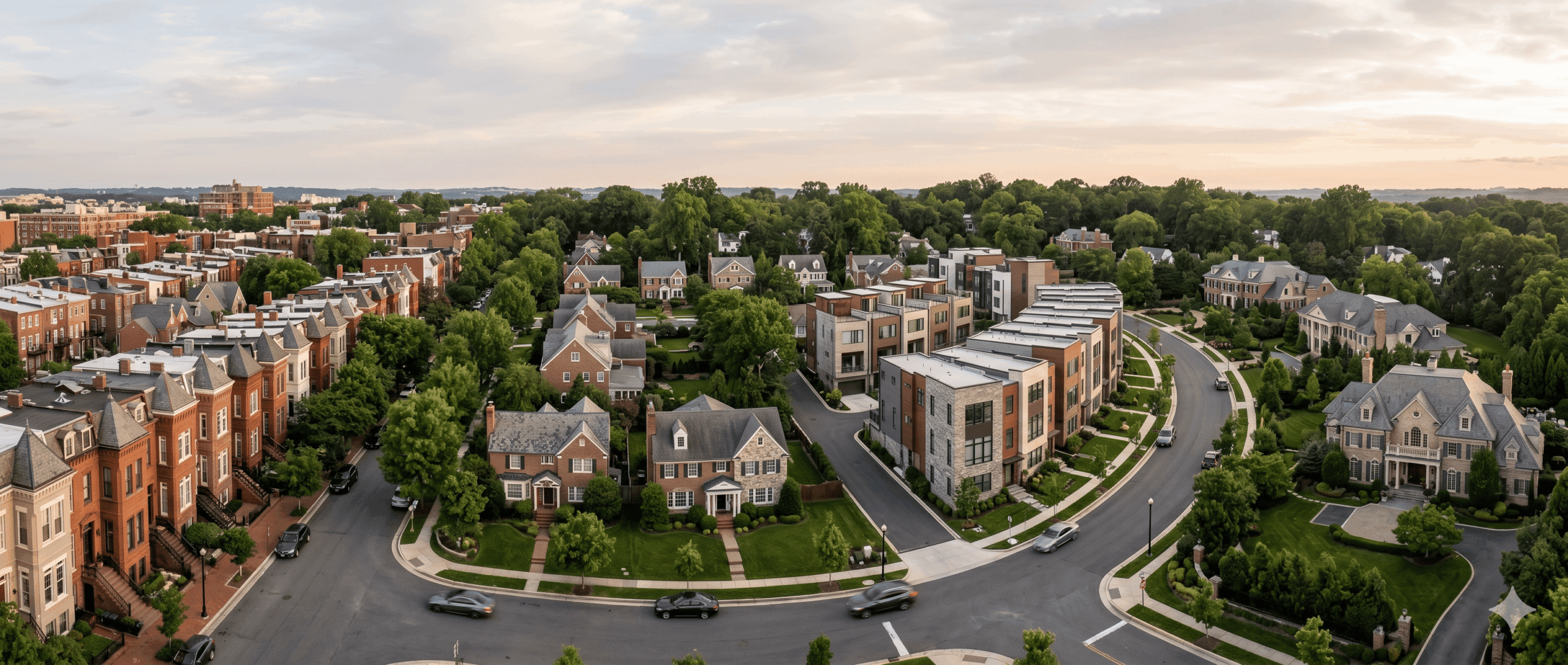 Diverse residential neighborhoods showing townhouses and homes across Washington DC, Bethesda, Arlington, and McLean