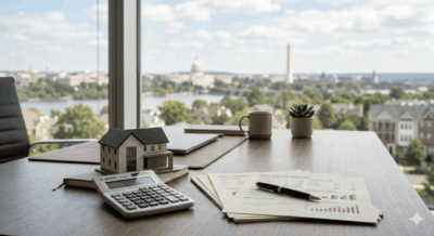 Modern home model with financial documents and calculator representing home upgrade planning in Washington DC, Maryland, and Virginia