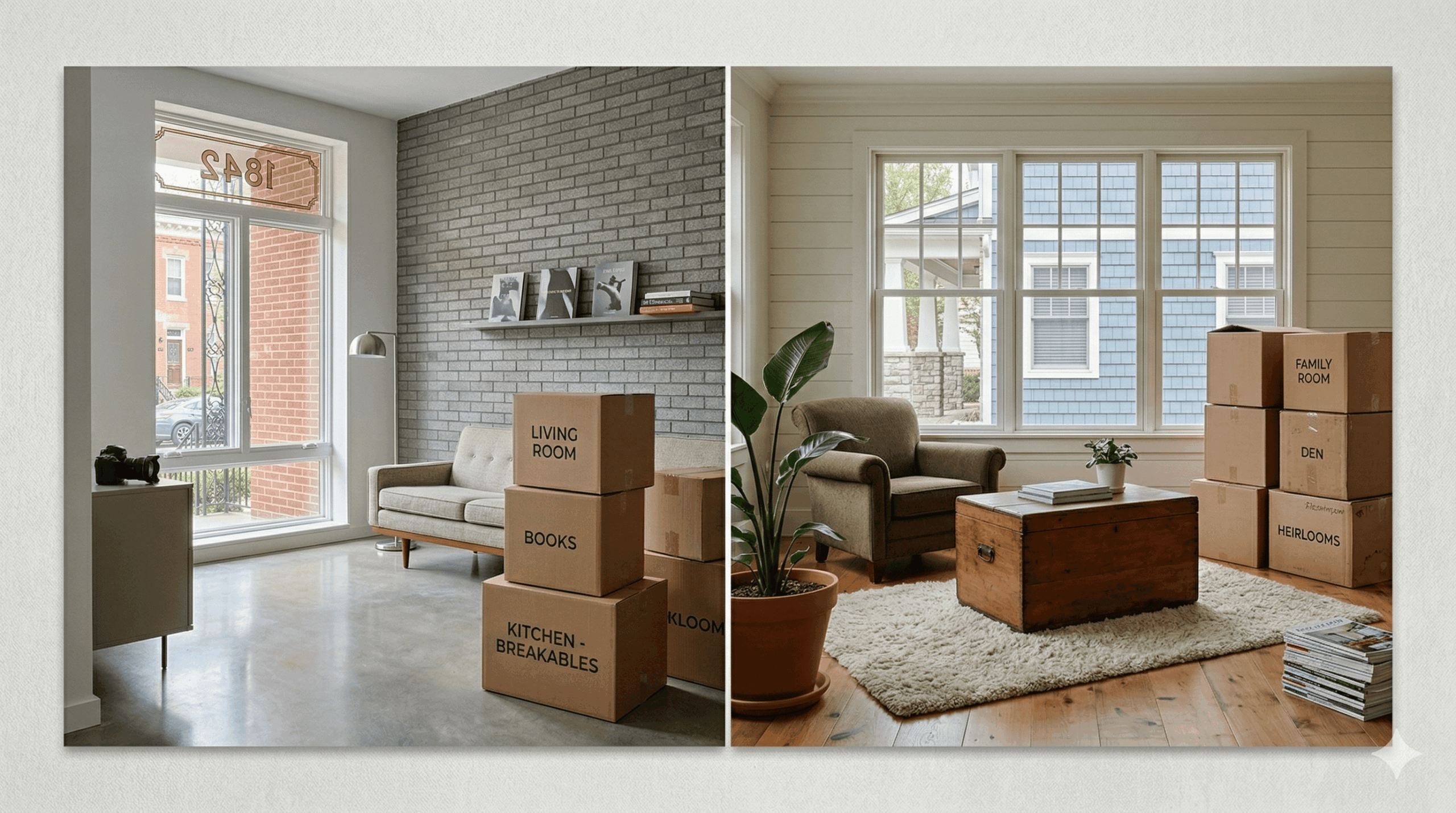 Two separate living spaces with moving boxes in DC metro area homes