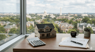 Minimal modern financial planning desk with house model calculator and documents representing couples combining finances for home purchase