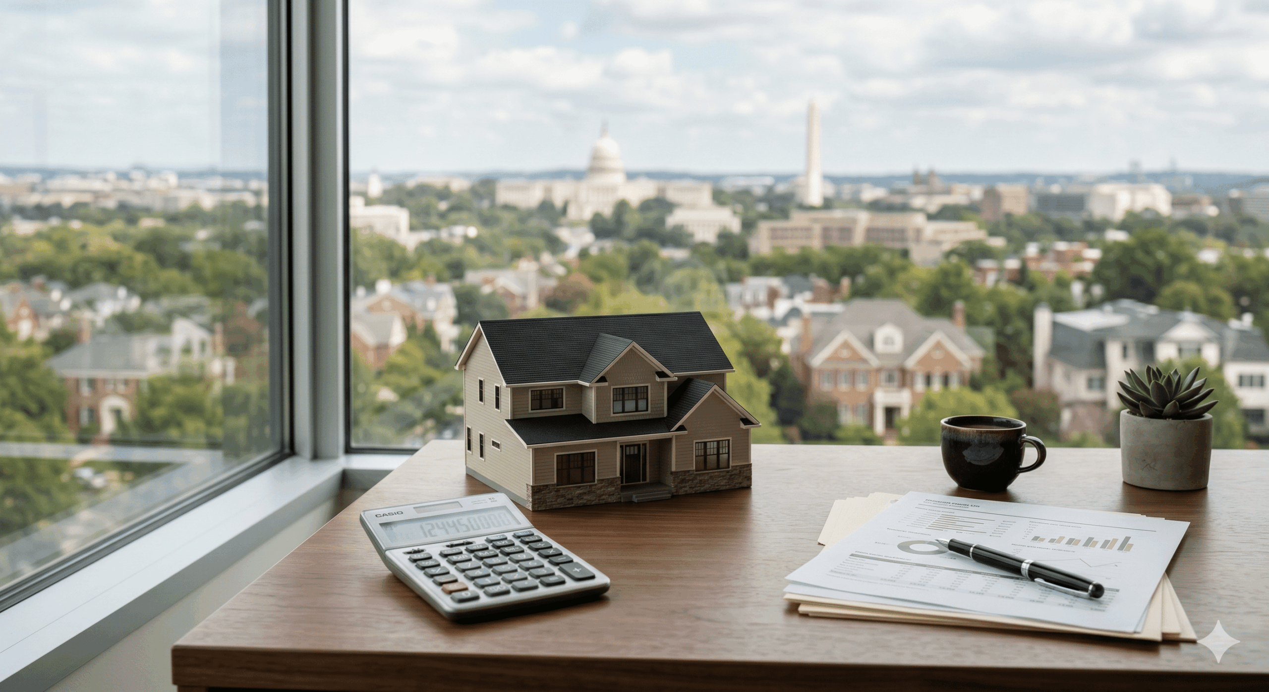 Minimal modern financial planning desk with house model calculator and documents representing couples combining finances for home purchase