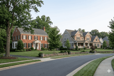 Two well maintained homes on a quiet street in Washington DC symbolizing stability after divorce