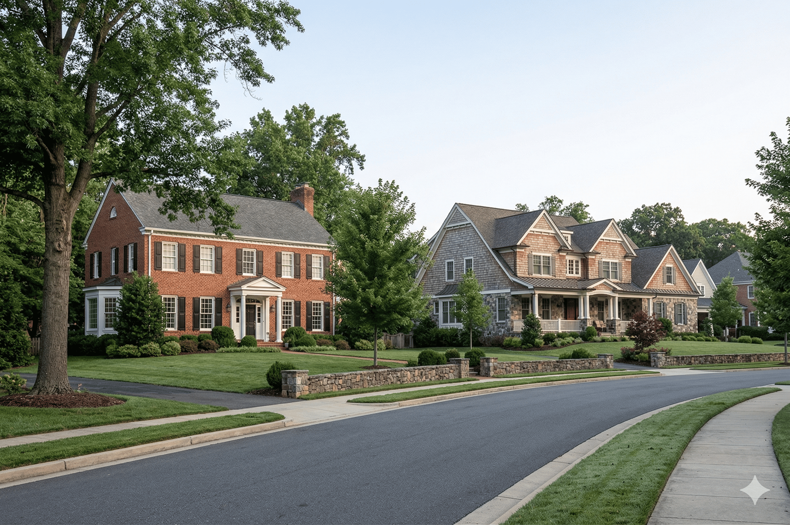 Two well maintained homes on a quiet street in Washington DC symbolizing stability after divorce
