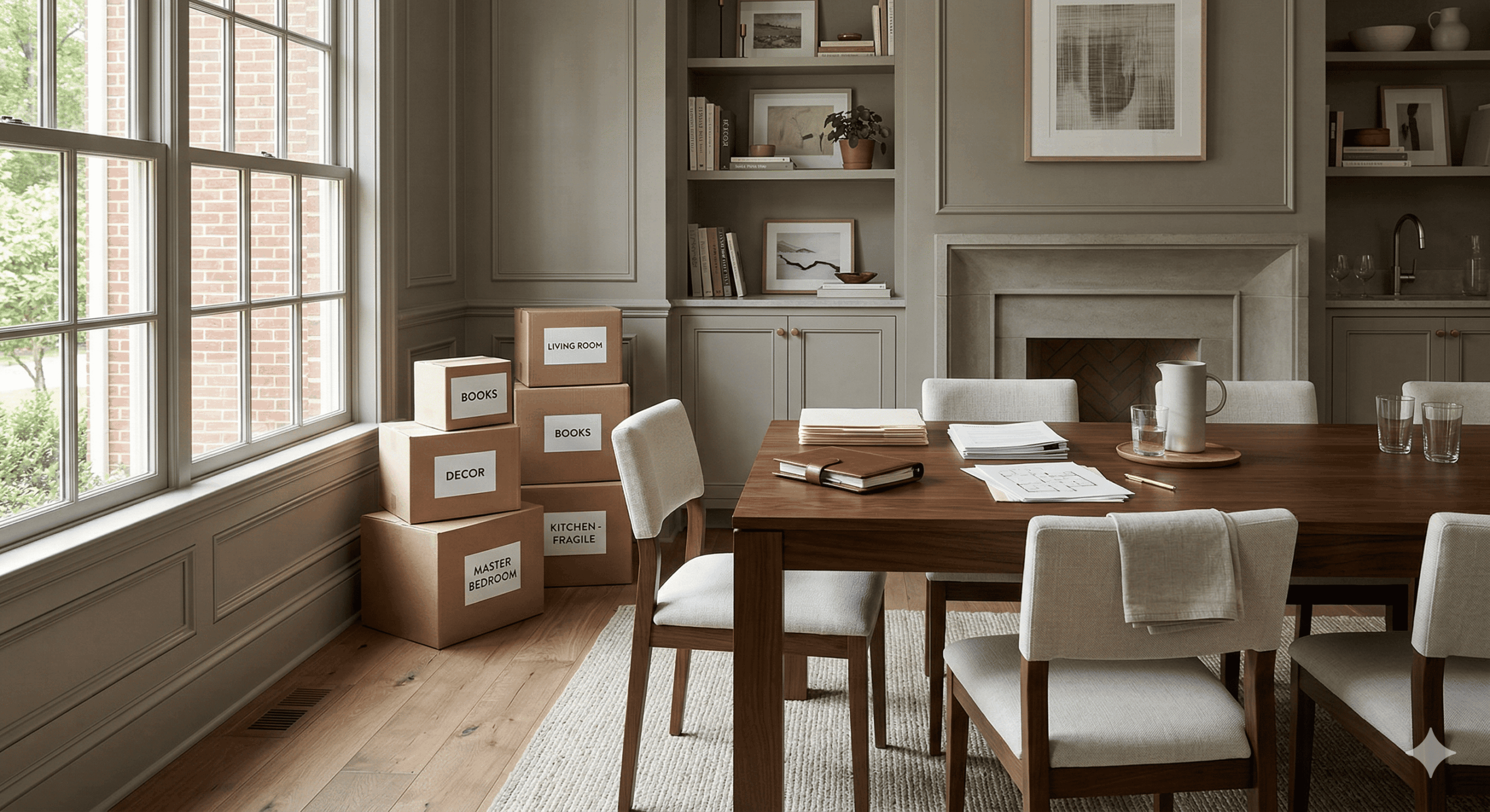 Neatly arranged paperwork and moving boxes in a modern DC area home showing organized relocation planning