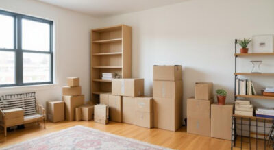 Decluttering a home before selling in DC metro area with organized boxes and minimal furniture