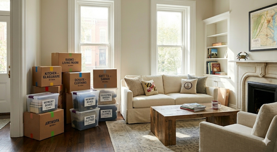organized living room prepared for downsizing in Washington DC home