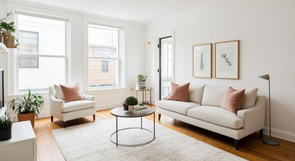 Preparing a home for sale when downsizing in Washington DC with staged living room and minimal design
