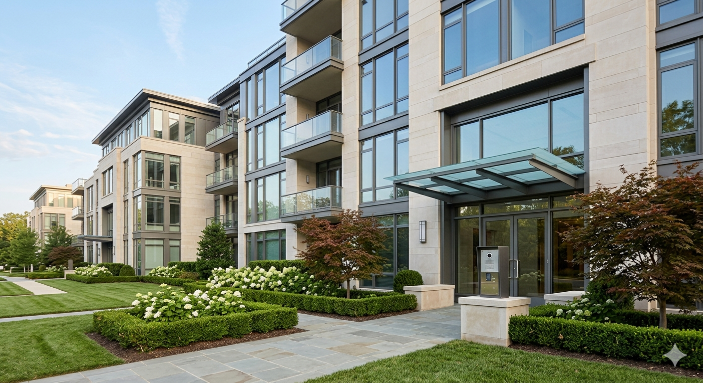 Stylish low maintenance condominium exterior in DC Metro area with secure access and minimal upkeep design