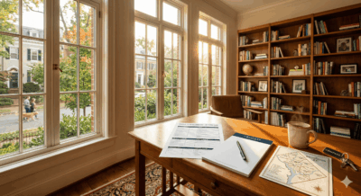 Financial planning worksheet and DC neighborhood map for empty nesters preparing to downsize or move in Washington DC, Maryland, and Virginia in 2026