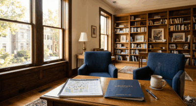 Consultative real estate meeting setup with Comparative Market Analysis and DC neighborhood map representing the advisor search process for empty nesters downsizing in Washington DC, Maryland, and Virginia