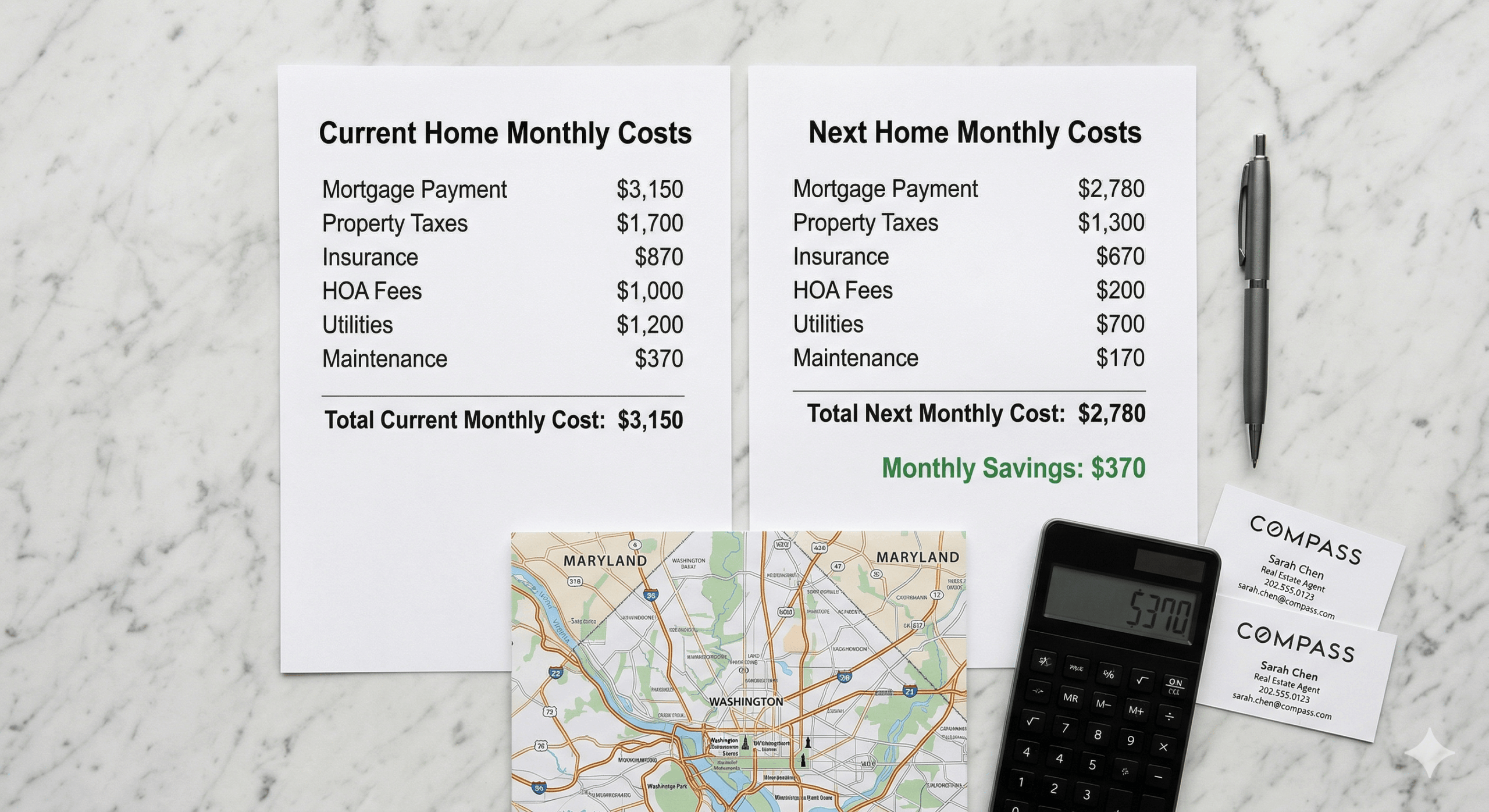 Monthly cost comparison worksheet for empty nesters downsizing from a family home in Washington DC, Maryland, and Virginia in 2026