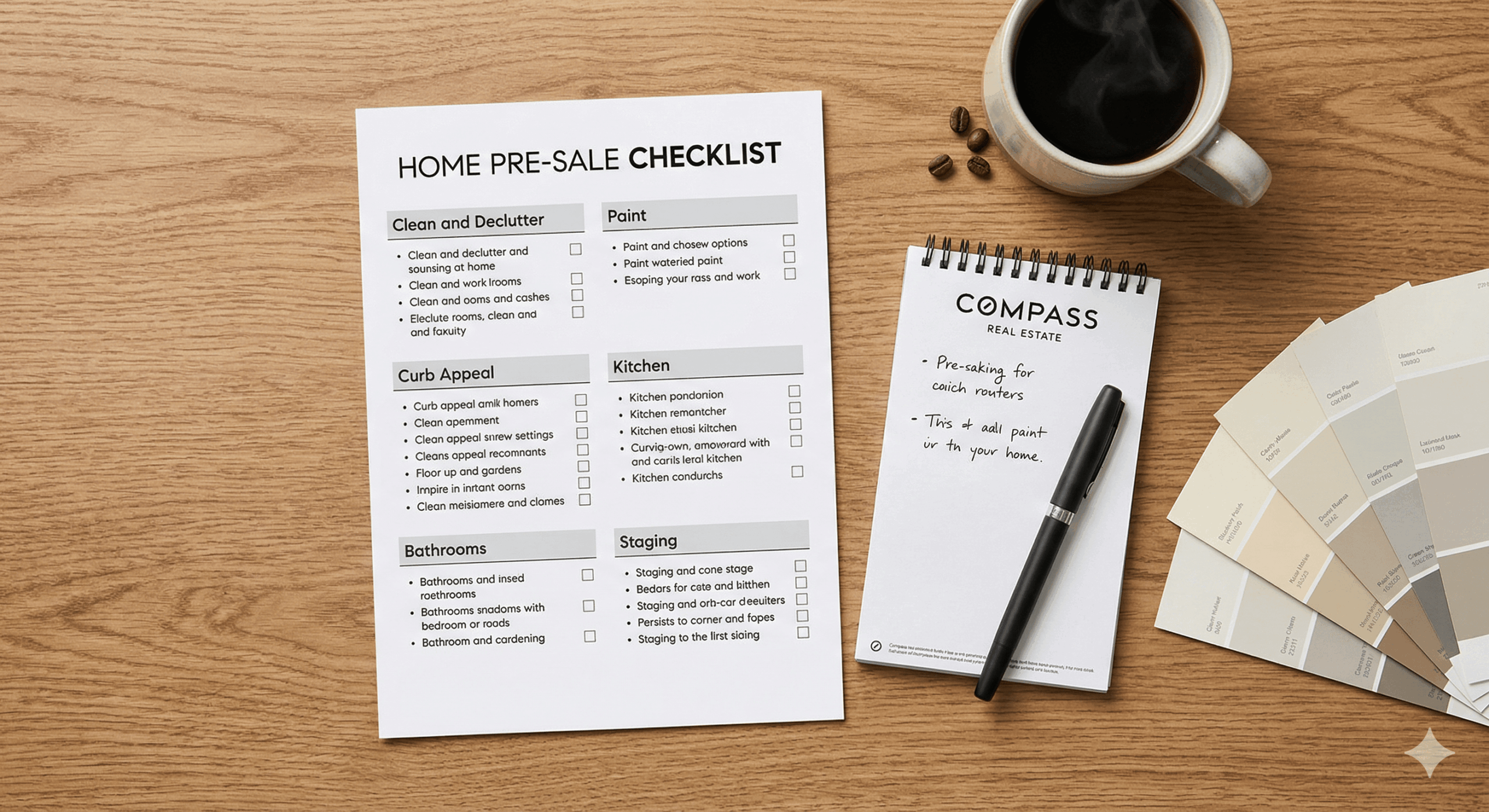 Pre-sale home update checklist with paint swatches and Compass Real Estate notepad for DC, Maryland, and Virginia sellers
