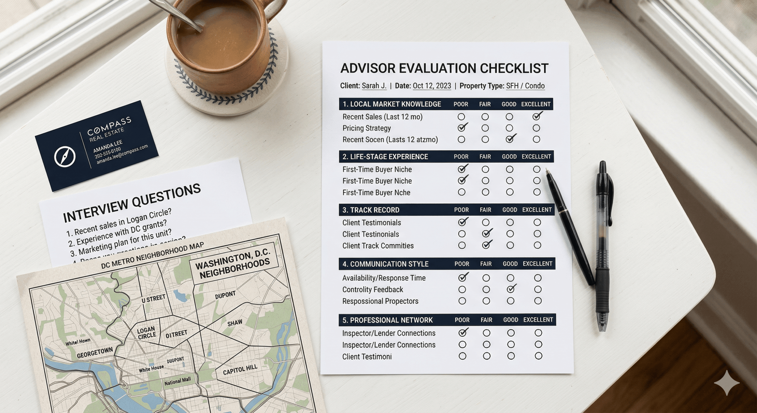 Real estate advisor evaluation checklist and interview questions for empty nesters choosing a downsizing specialist in Washington DC, Maryland, and Virginia