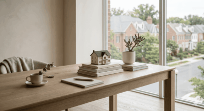 Minimal modern home interior with neutral decor and house model representing right sizing decisions in Washington DC Maryland Virginia