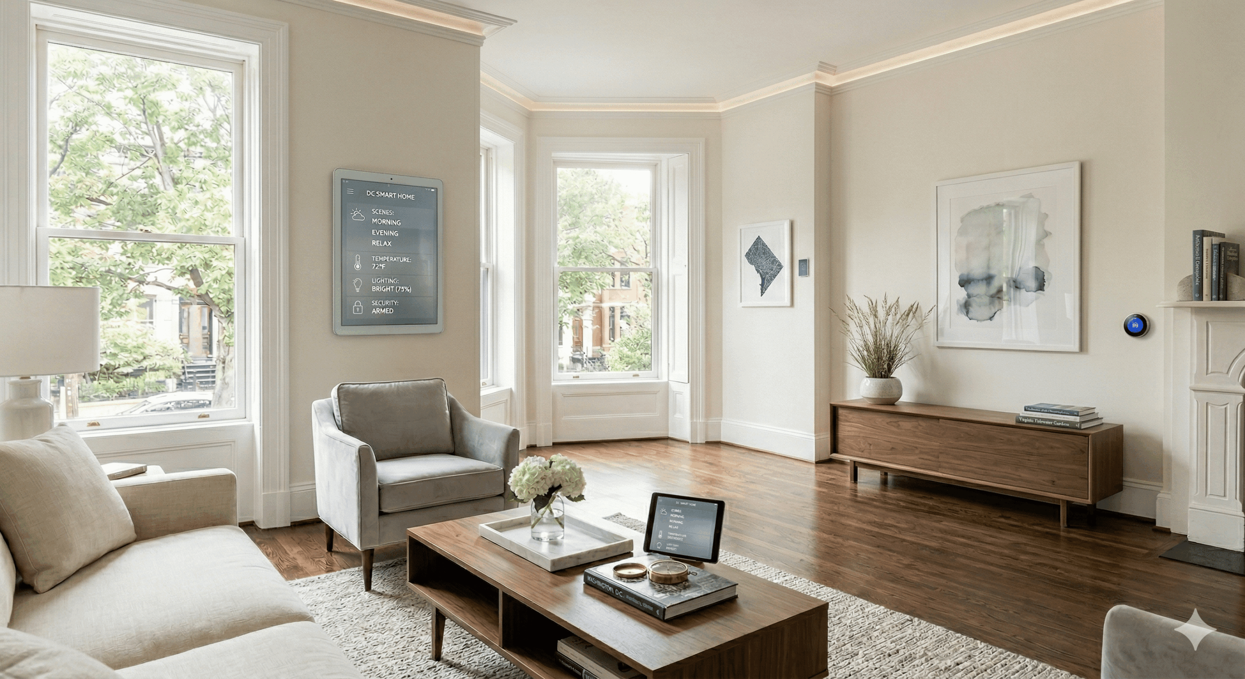 Modern Washington DC living room with smart home controls designed for empty nesters comfort and convenience