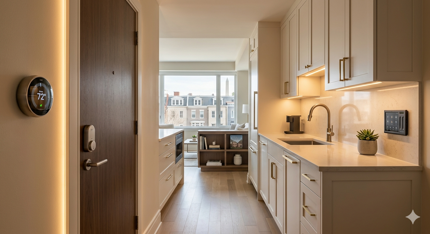 Smart home kitchen and entryway with thermostat and smart lock in a Washington DC condo