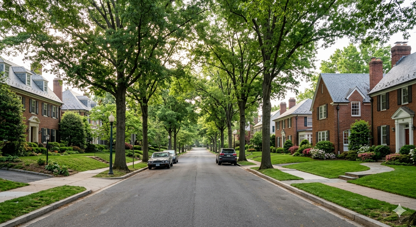 Tree lined residential street with classic brick homes in Foxhall Washington DC