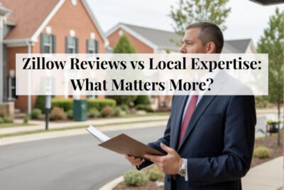 Home seller comparing online real estate reviews with local agent expertise.