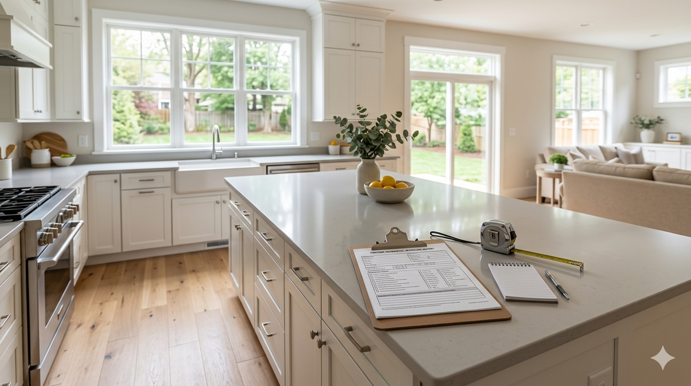 Bright modern kitchen interior in a Washington DC home with a clipboard and tape measure on the counter representing the pre-listing appraisal process for sellers.