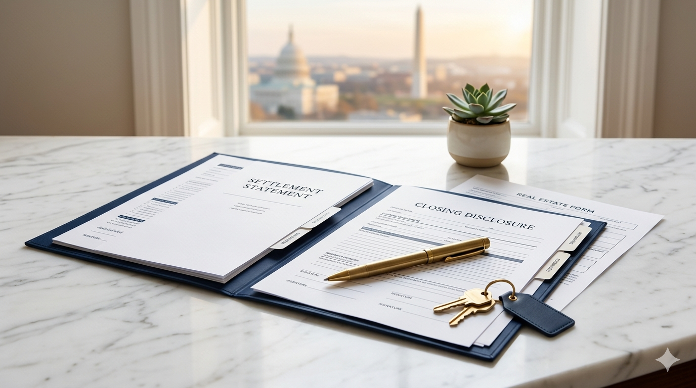 Real estate closing documents and a gold pen on a marble surface with a Washington DC skyline visible in the background, representing legal requirements for DC home sellers