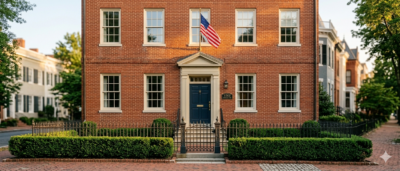 Elegant brick Federal-style rowhouse exterior in Washington DC representing the legal requirements for home sellers in the District