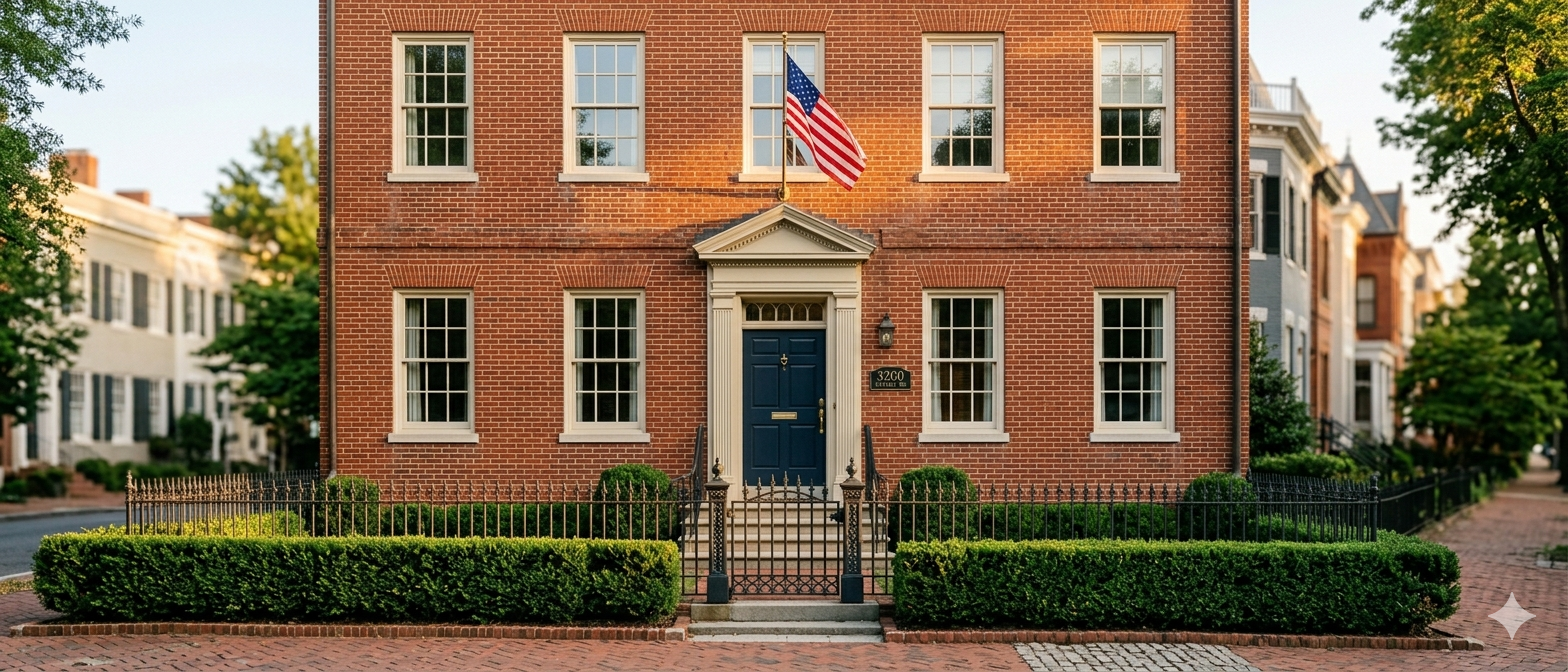 Elegant brick Federal-style rowhouse exterior in Washington DC representing the legal requirements for home sellers in the District