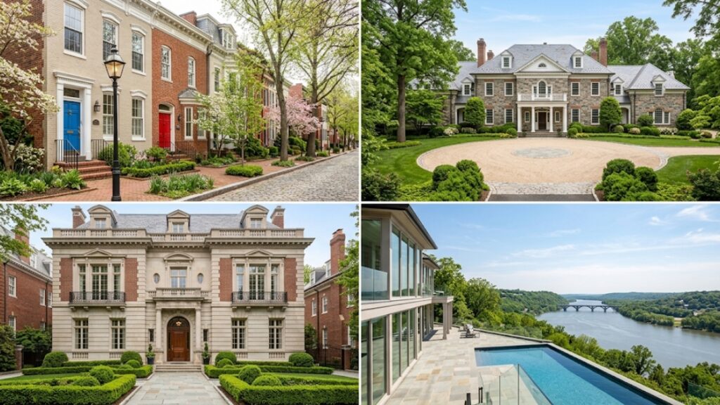 Four-panel comparison of luxury residential neighborhoods in Washington DC including Georgetown, Spring Valley, and Kalorama