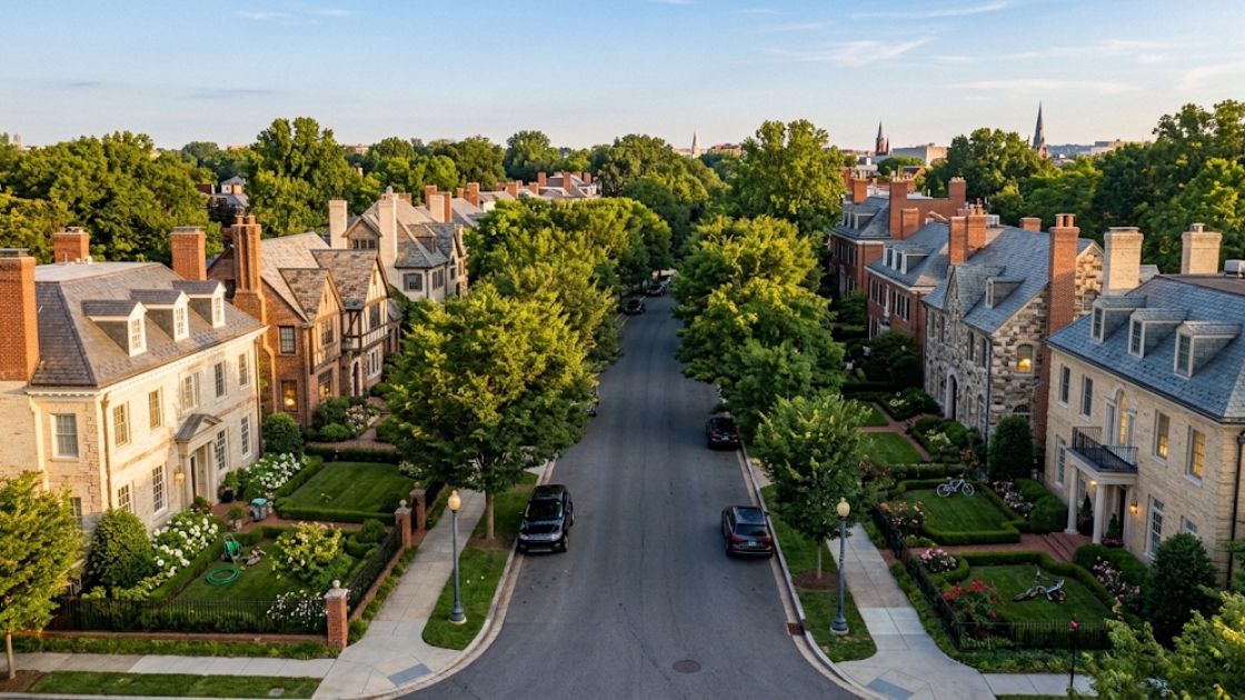 Aerial view of luxury homes on a tree-lined street in one of Washington DC's most expensive neighborhoods