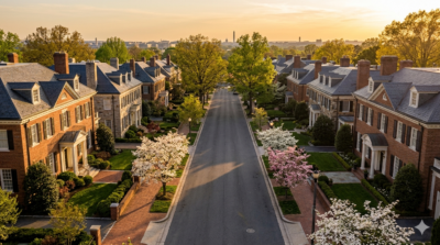 Aerial view of elegant tree-lined luxury residential street in Washington DC with grand Federal-style homes and manicured landscaping