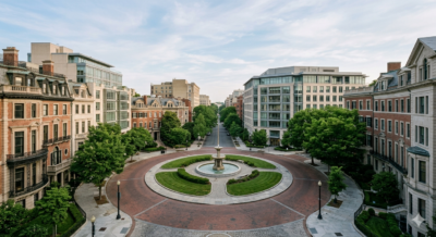 Dupont Circle Washington DC condominium buildings and streetscape in soft morning light showing residential architecture