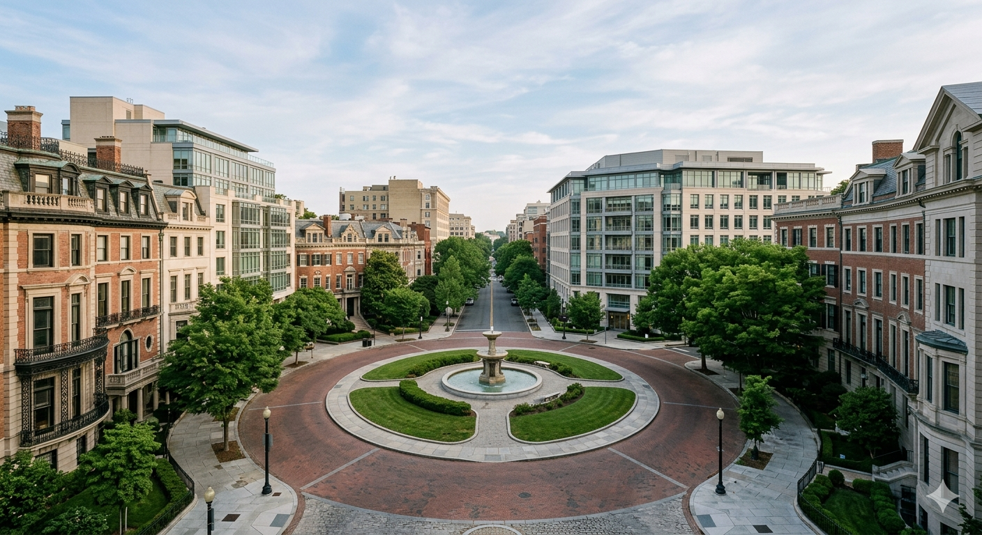 Dupont Circle Washington DC condominium buildings and streetscape in soft morning light showing residential architecture