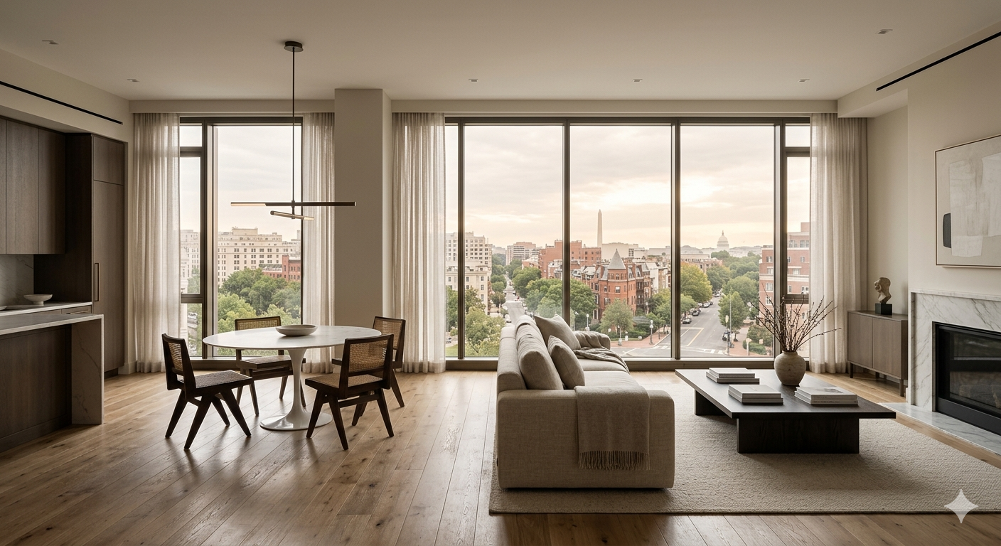 Modern Dupont Circle style condominium interior in Washington DC with open layout and large windows
