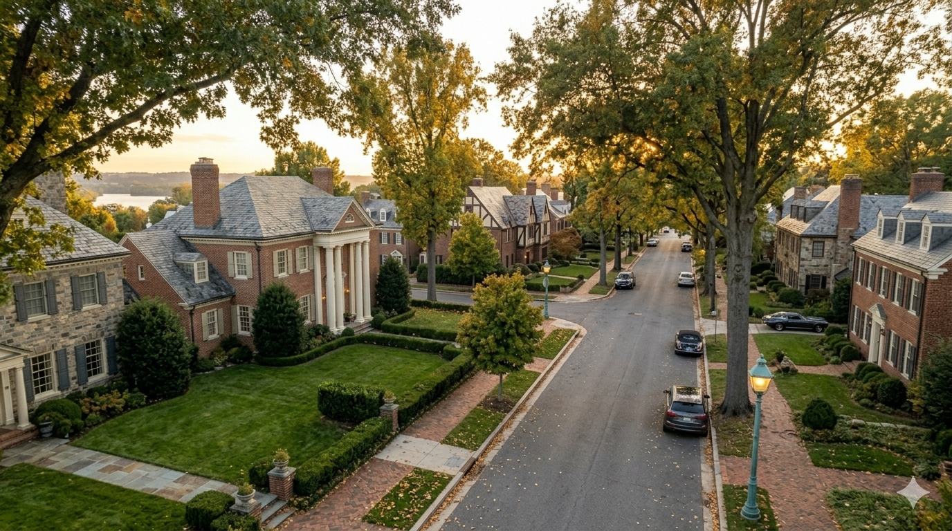 Tree-lined residential street with luxury single-family homes in Northwest Washington DC